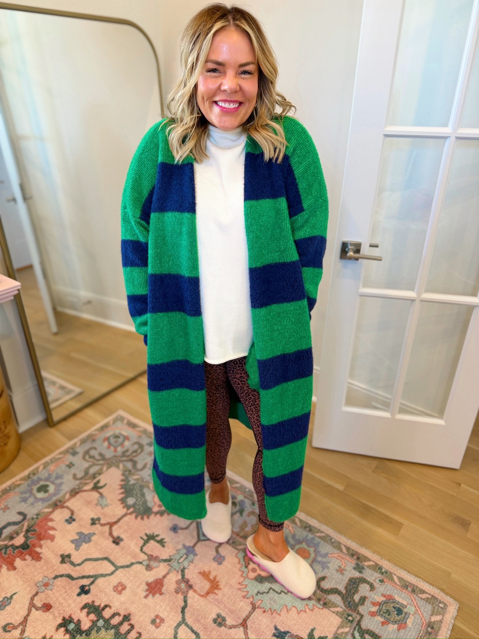 striped long cardigan, leopard leggings, cozy everyday style, women’s fashion, trendy outfit, mule slippers, casual mom ootd 

#LTKSeasonal #LTKootd