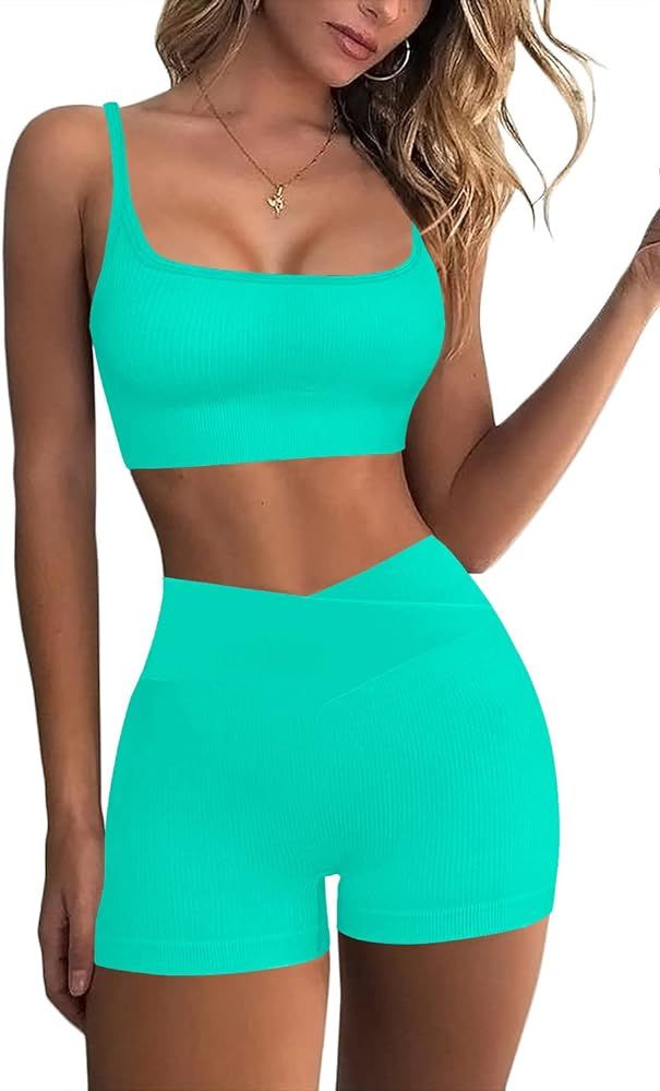 niyokki Workout Sets for Women Two Piece Sexy Summer Sports Bra and Crossover Shorts Matching Wor... | Amazon (US)