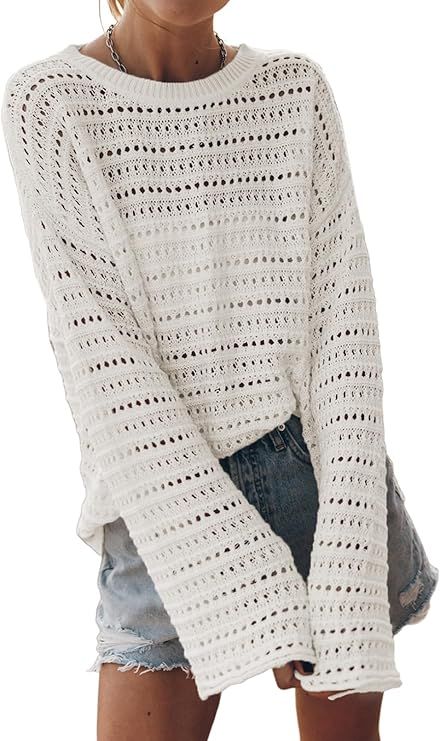 Sidefeel Womens 2023 Fall Clothes Fashion Crochet Tops Long Sleeve Sweater Lightweight Shirts Ove... | Amazon (US)