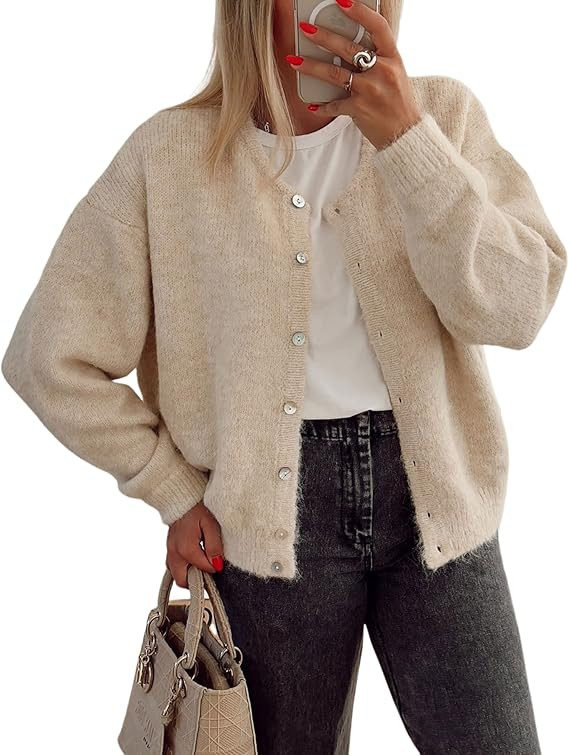 Women's Long Sleeve Front Button Y2k Cardigan Sweaters Crew Neck Loose 2025 Fall Tops | Amazon (US)