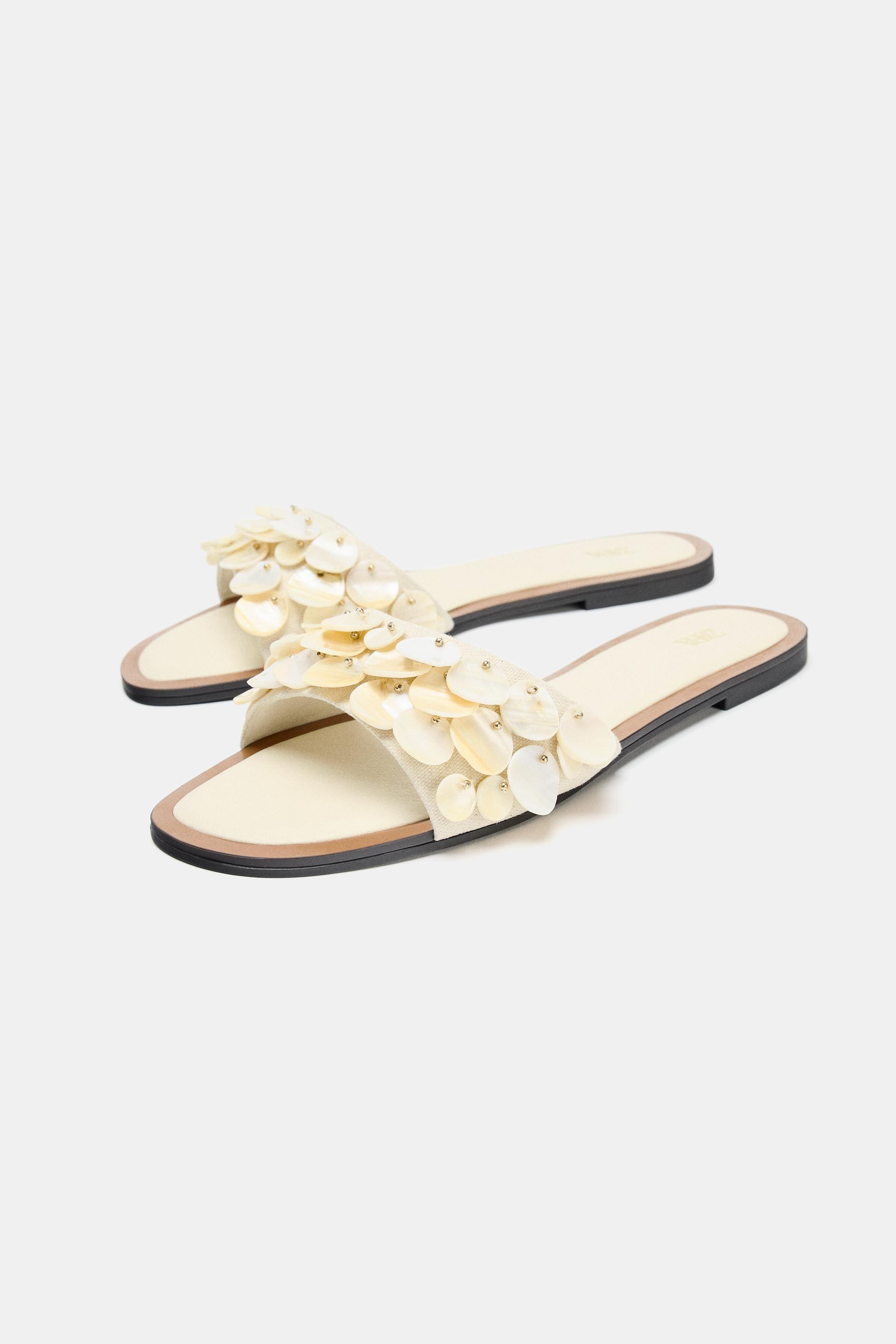 FLAT SANDALS WITH PEARLESCENT PIECES | Zara US