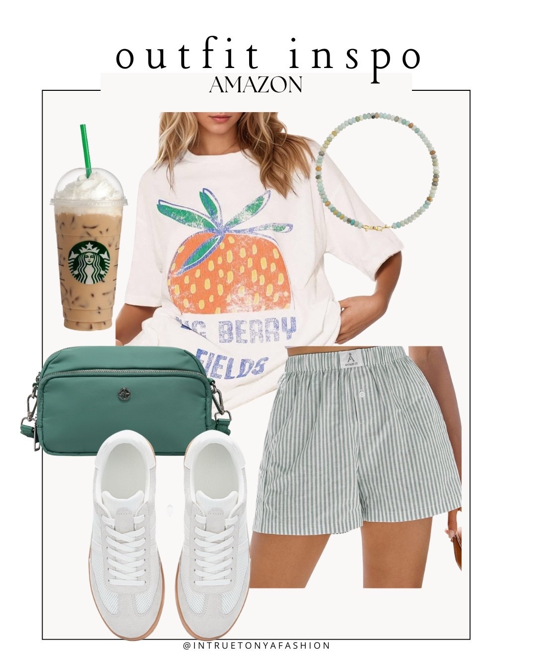 Amazon outfit idea for spring and summer — strawberry graphic tee, striped boxer shorts, green belt bag, white sneakers, and beaded necklace







outfit inspo, outfit ideas, casual outfits amazon, amazon outfits every day, spring outfits 2026, summer outfits

#LTKootd #LTKSaleAlert #LTKPetite