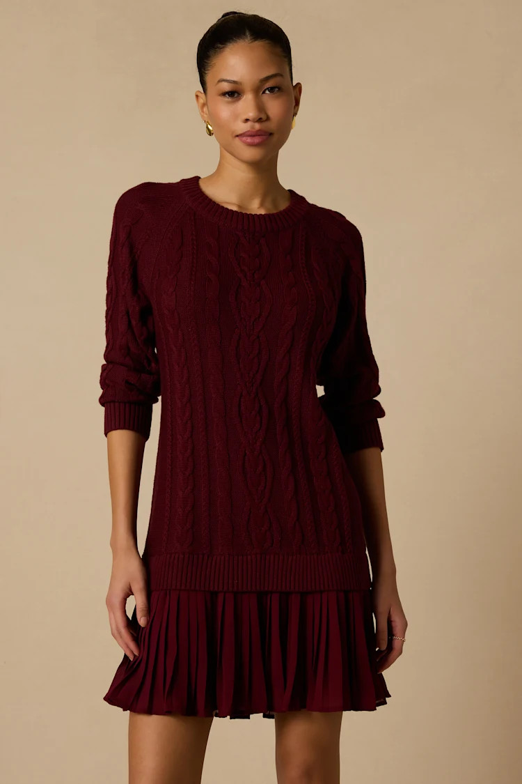 Alvie Burgundy Cable Knit Drop Waist Sweater Dress | Lulus
