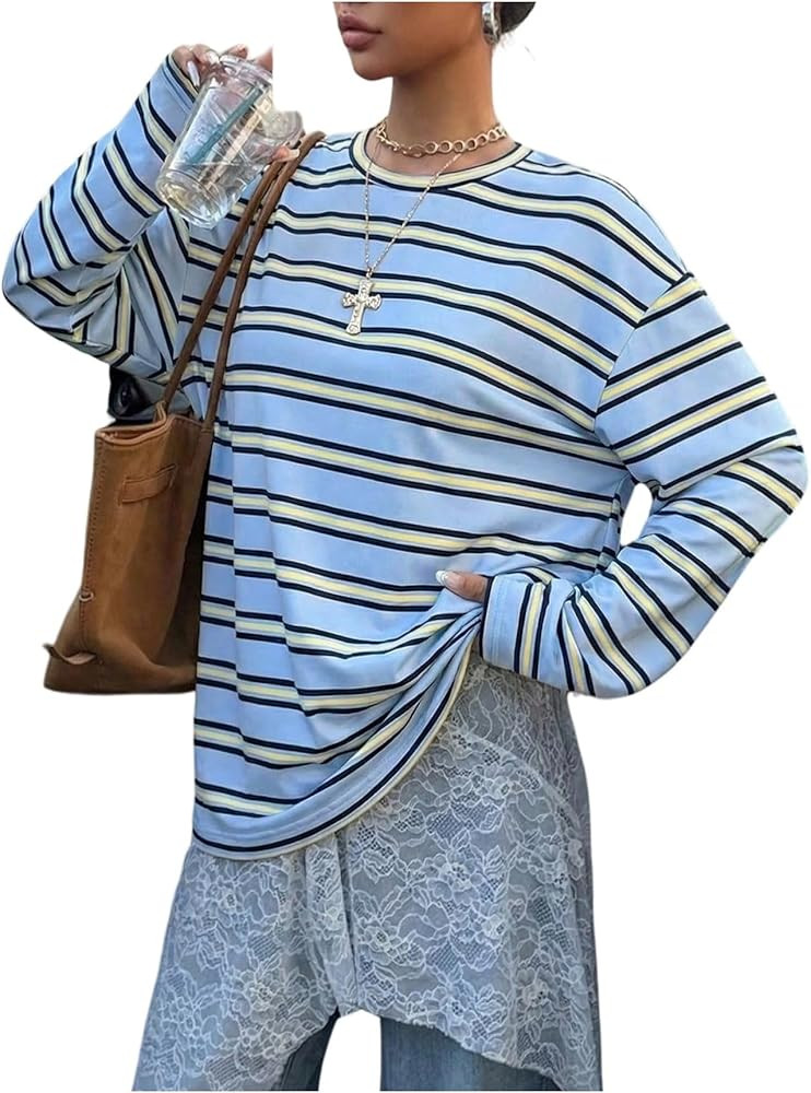 SHENHE Women's Striped Long Sleeve Shirt Y2k Oversized Crew Neck Drop Shoulder Tee Preppy Top | Amazon (US)