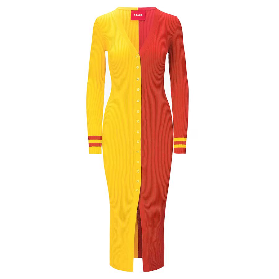 Women's Kansas City Chiefs STAUD Gold/Red Shoko Knit Button-Up Sweater Dress | NFL Shop