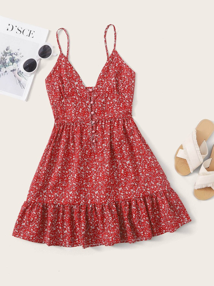 Ditsy Floral Pearls Button Ruffle Hem Cami Dress | SHEIN