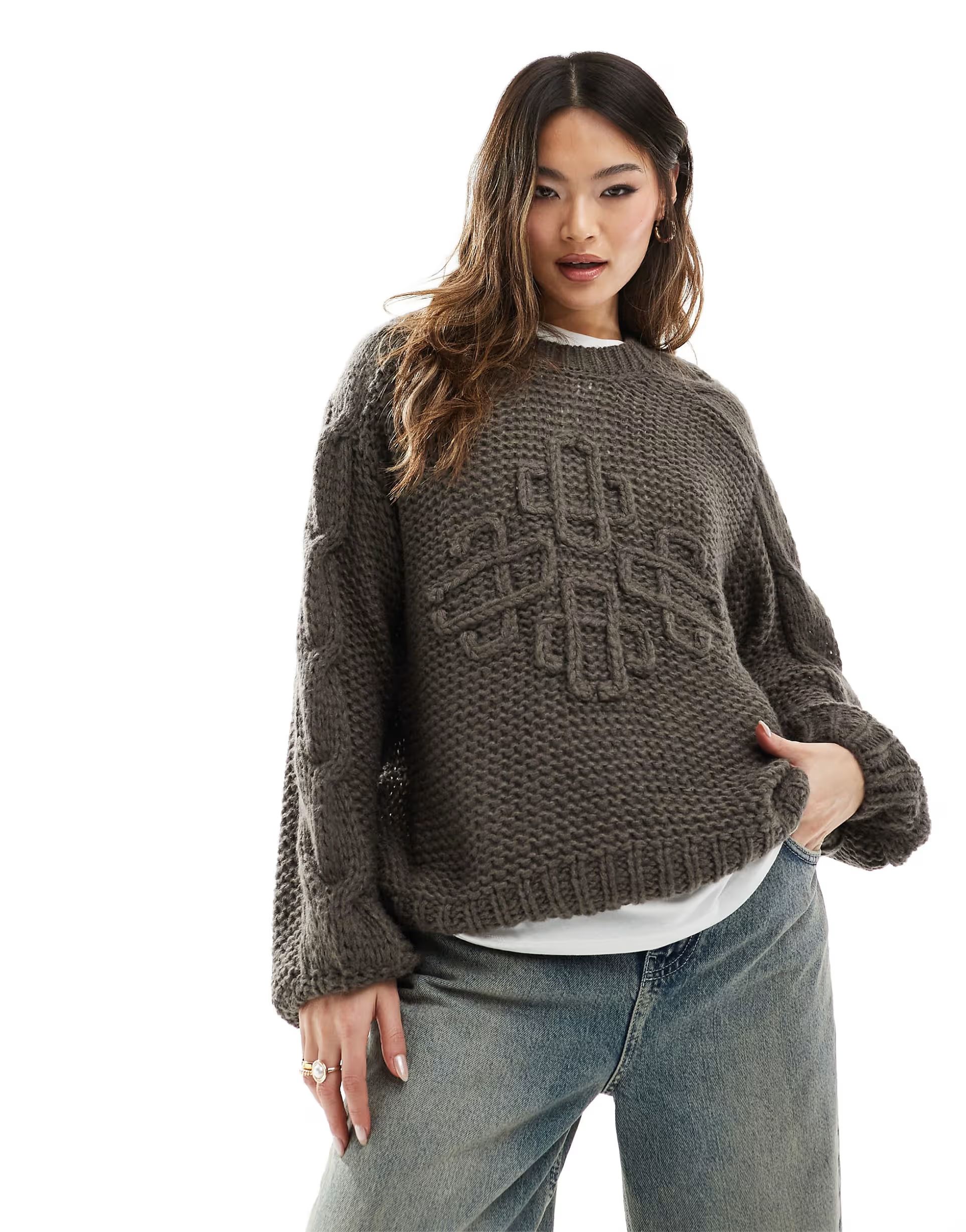 The Couture Club open stitch emblem jumper in brown | ASOS (Global)