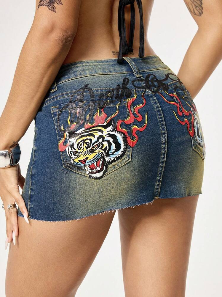 ROMWE Grunge Punk Women's Casual Washed Letter Print Denim Mini Skirt | SHEIN