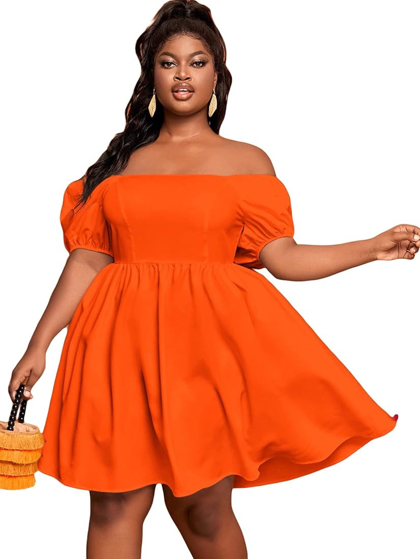 SOLY HUX Women's Plus Size Off Shoulder Puff Short Sleeve High Waist A Line Swing Dress | Amazon (US)