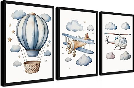 Baby Boy Nursery Wall Art Set of 3, Vintage Blue Travel Boys Room Wall Decor Paintings, Toddler H... | Amazon (US)