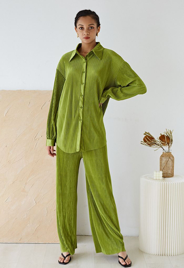 Full Pleated Plisse Shirt and Pants Set in Moss Green | Chicwish
