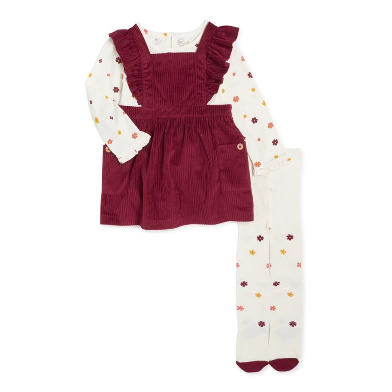 Wonder Nation Baby Girl Pinafore Dress, Long Sleeve Top & Tights Outfit Set, Sizes 0/3-24 Months | Walmart (US)