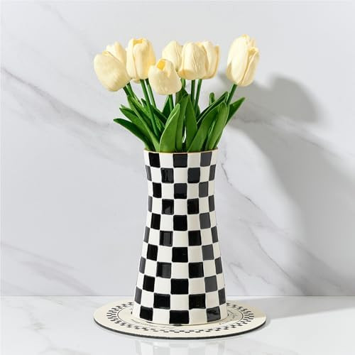 SIDUCAL Elegant Black and White Checkered Pattern Ceramic Vase – Modern Home Décor Flower Vase... | Amazon (US)