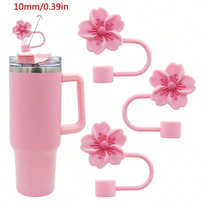 1 Set Of 3 Pieces Of 10mm Cute Flower Straw Caps, Reusable Silicone Straw Dust-Proof Plugs, Suita... | SHEIN