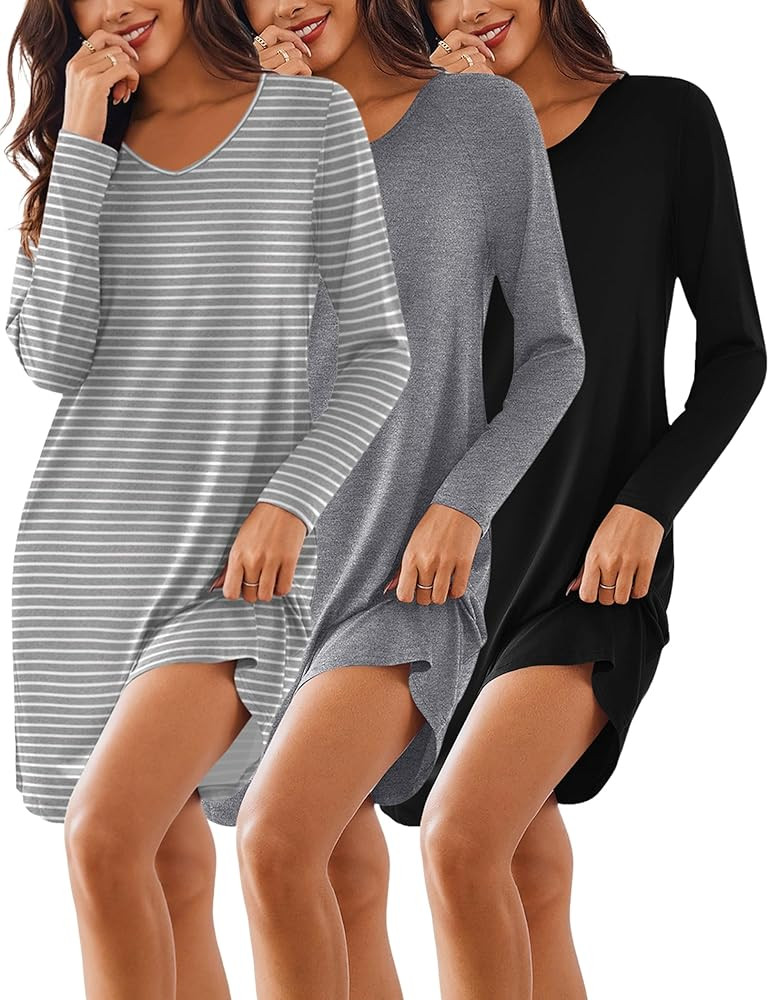 Ekouaer 3 Pack Women's Nightgowns Long Sleeve Sleep Shirts Comfy Soft Nightshirt Women Pajama Sle... | Amazon (US)