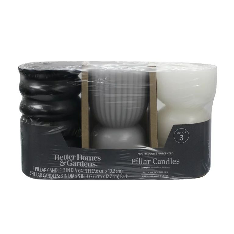 Better Homes & Gardens Unscented Pillar Candles, 3-Pack, 3 inches Dia, Black, Gray, White | Walmart (US)