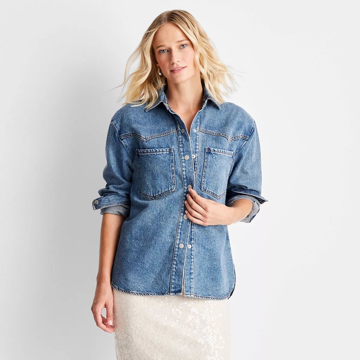 Women's Long Sleeve Collared Western Denim Button-Down Shirt - Future Collective Medium Wash | Target