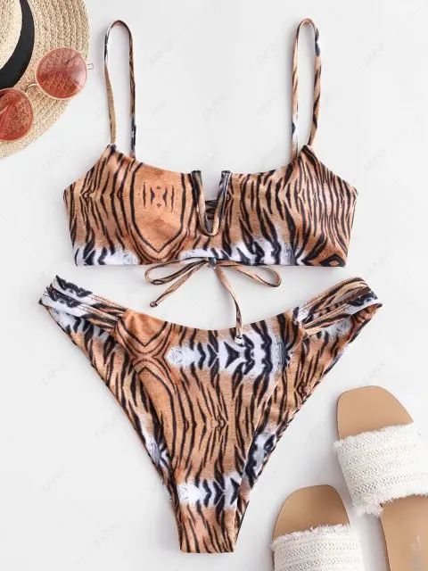 ZAFUL V-wired Animal Print High Leg Bikini Swimsuit - Tiger Orange M | ZAFUL (Global)