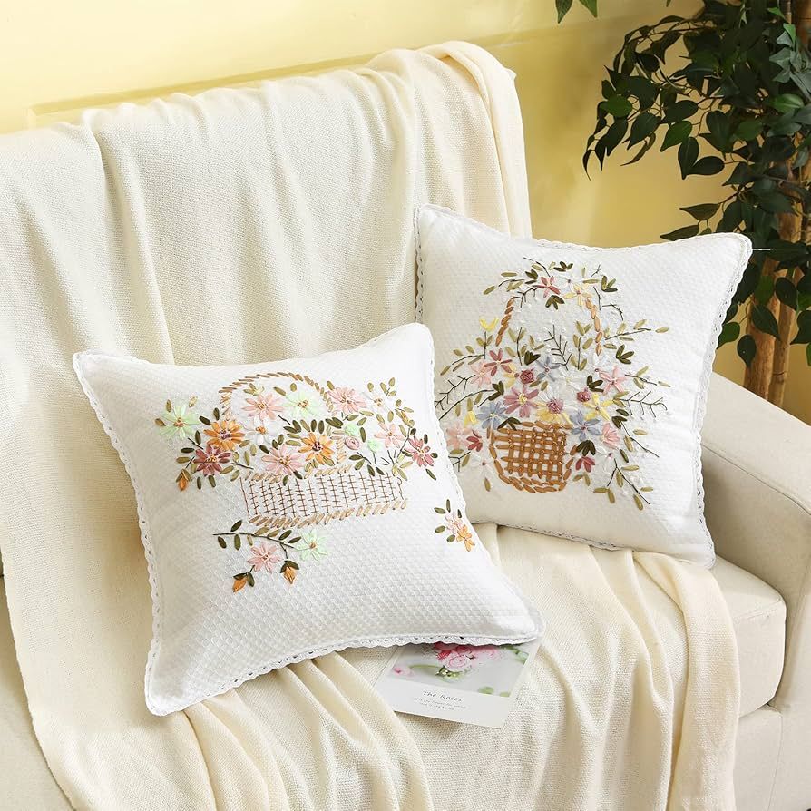 Ponphoe 2 Pack Ribbon Embroidered Floral Throw Pillow Cover 18x18 inches, Handmade Farmhouse Bed ... | Amazon (US)