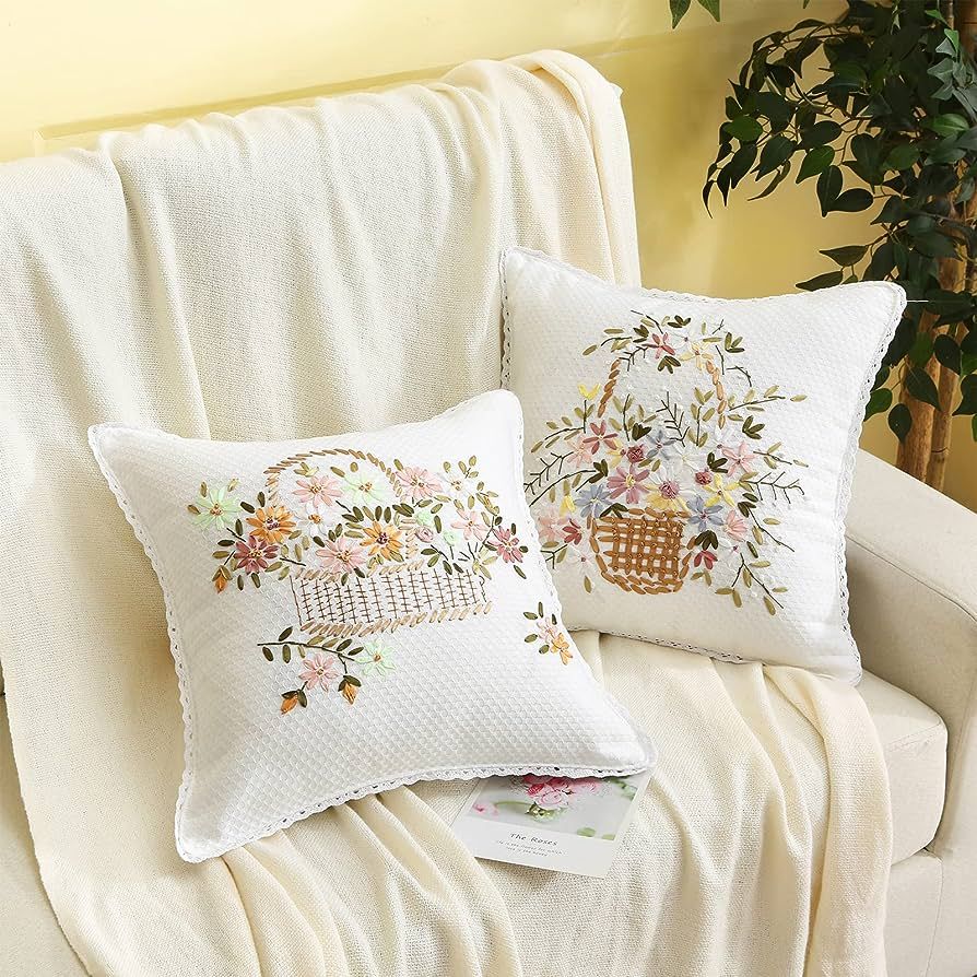 Ponphoe 2 Pack Ribbon Embroidered Floral Throw Pillow Cover 18x18 inches, Handmade Farmhouse Bed ... | Amazon (US)