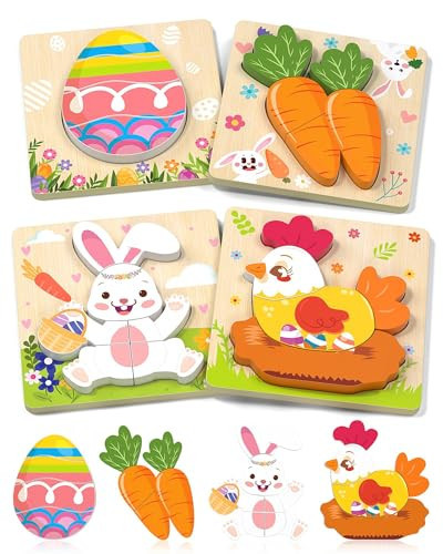 Oomloid Easter Wooden Puzzles Toddler Toys, 4 Pack Party Favors Baskets Essentials Birthday Gifts Montessori Toys Easter Basket Stuffers Puzzles for Toddlers Kids Girls Boys | Amazon (US)