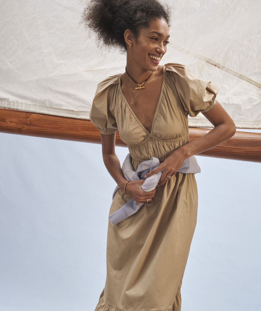 Marina Poplin Puff-Sleeve Midi Dress | vineyard vines