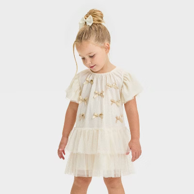 Toddler Girls' Audrey Camille Gold Bows Tulle Dress - Beige 4T | Target