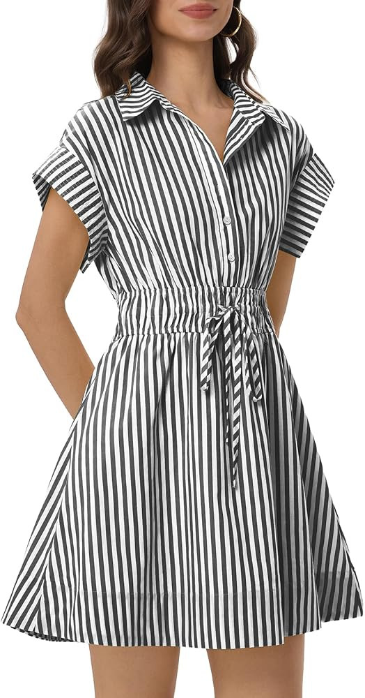 EZAPINE Women Summer Striped Dresses Short Sleeve Mini Shirt Dress Casual A-line Sundress with Dr... | Amazon (US)