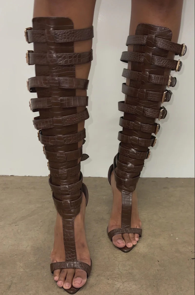 AZALEA WANG CHERELLI BROWN CROC OVER THE KNEE SANDAL | AKIRA