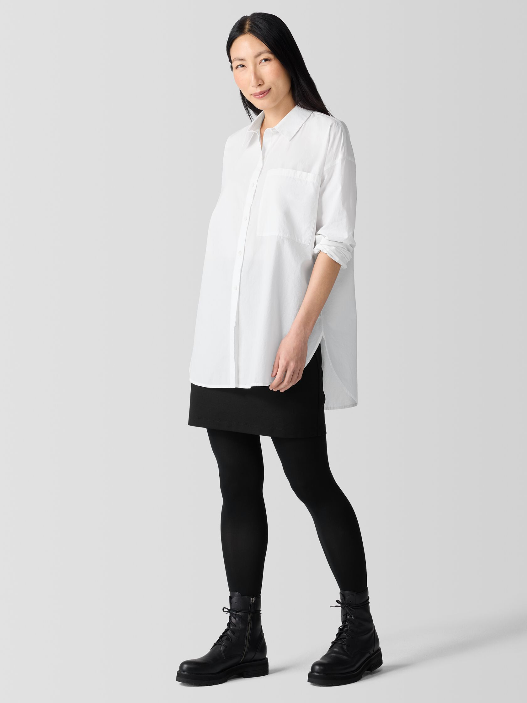 Washed Organic Cotton Poplin Classic Collar Long Shirt | Eileen Fisher