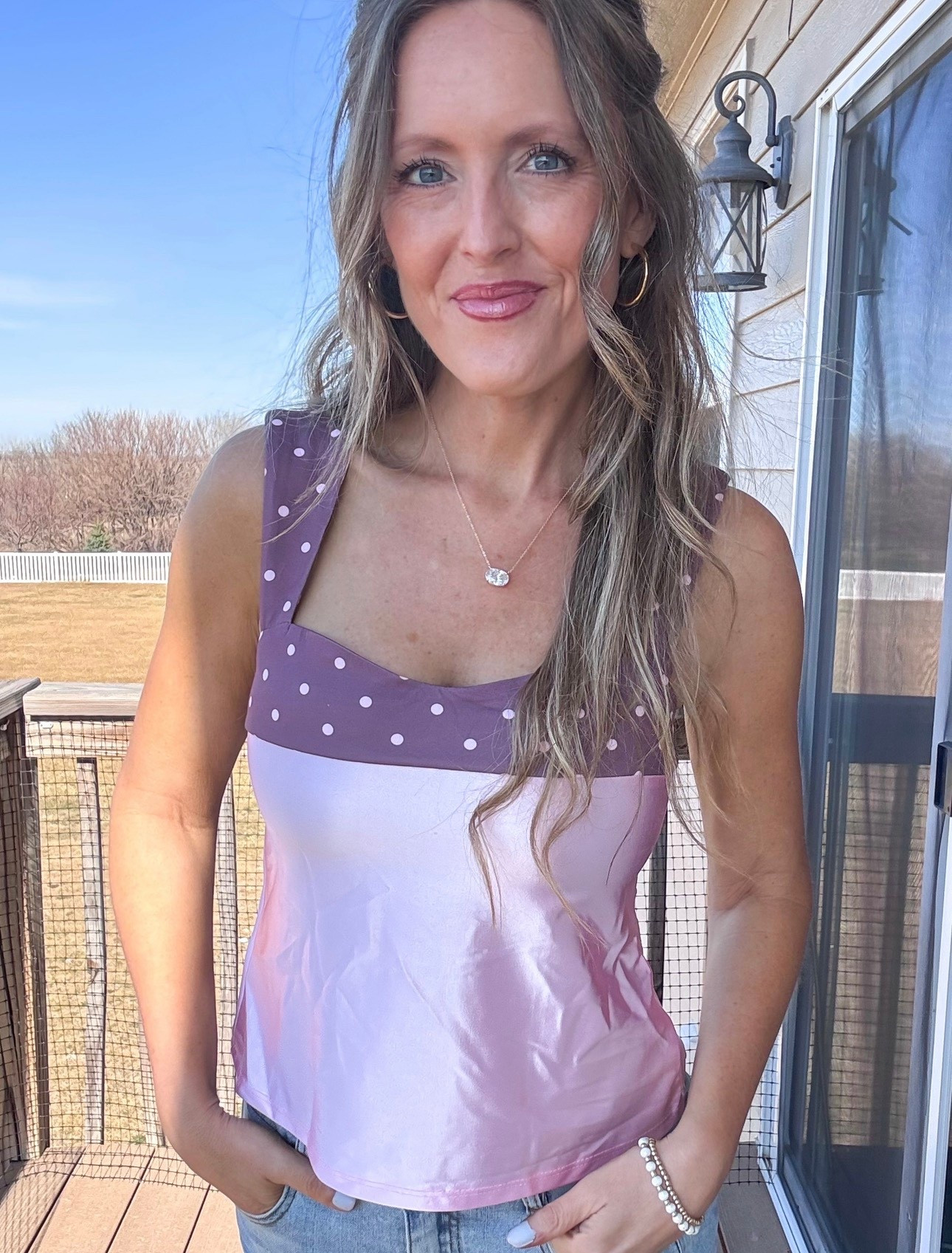 Loving the mauve and pink color combo in this satin finish tank! 💕 Wearing an xsmall.

As an Amazon Influencer I earn commission on qualifying purchases.

Polka dot top, mom style, pink tank top, spring style 2026, cute top

#LTKmomlife #LTKMidsize #LTKootd