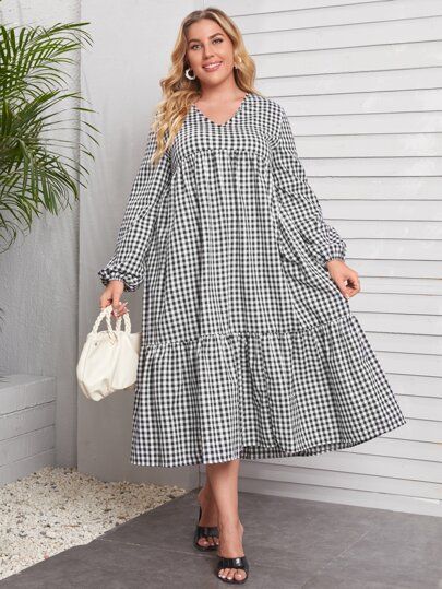 Plus Gingham Bishop Sleeve Ruffle Hem Babydoll Dress | SHEIN