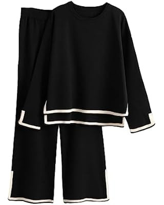 Faleave Womens Knit 2 Piece Sweater Sets Short Sleeve Pullover Tops Elastic Waist Wide Leg Pants ... | Amazon (US)
