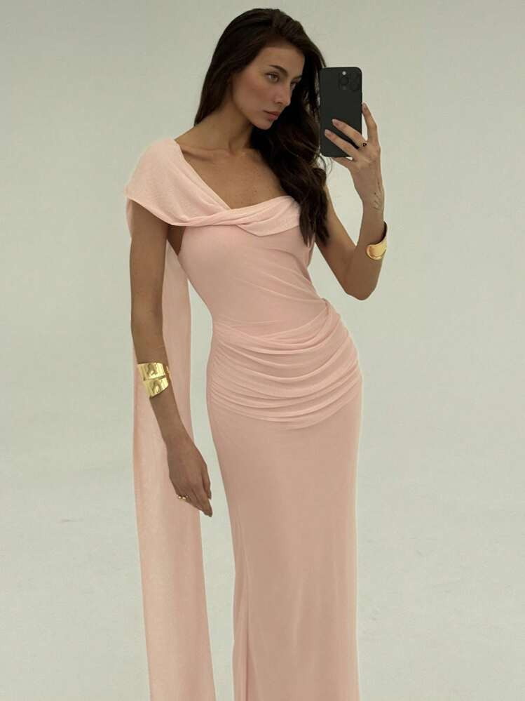 Aloruh Women's Elegant Pink Maxi Dress With Asymmetrical Neckline And Ruched Detailing | SHEIN