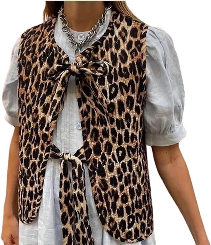 Puffer Quilted Vest Women Fall Leopard Floral Tie Front Y2k Sleeveless Waistcoat Coquette Cottage... | Amazon (US)