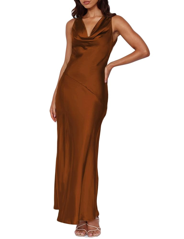 Women's 2025 Summer Satin Backless Elegant Dress for Wedding Guest Silk Sleeveless Cowl Neck Part... | Amazon (US)