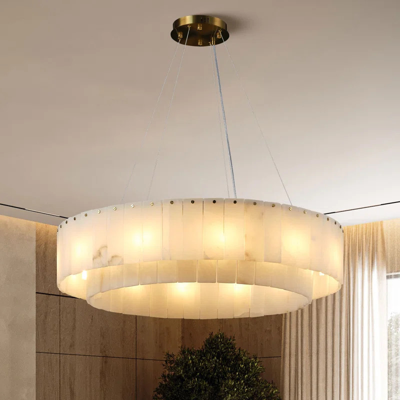 Monzerrad 31.5" 10 - Light 2 - Tier Alabaster Dining Room Gold Chandelier Pendant Lights(Bulbs In... | Wayfair North America