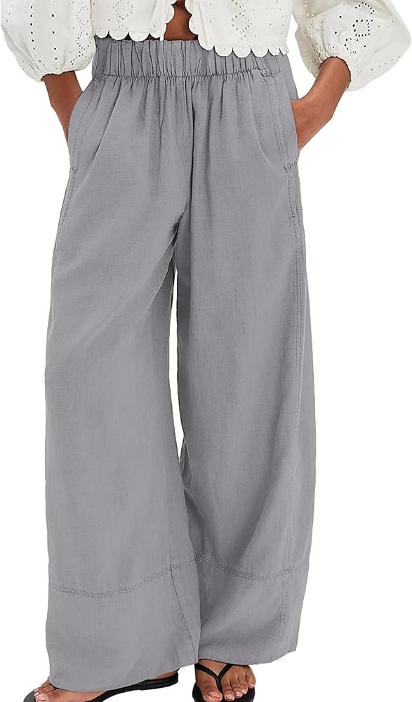 Linen Pants for Women Cotton Baggy Boho Casual Palazzo Pants Wide Leg Long Lounge Trousers with P... | Amazon (US)