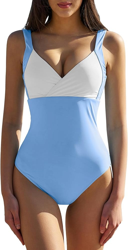 QINSEN Womens Sexy V Neck One Piece Bathing Suit Color Block Swimsuit High Waist Monokini | Amazon (US)