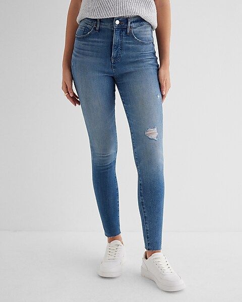 High Waisted Medium Wash Ripped Skinny Jeans | Express