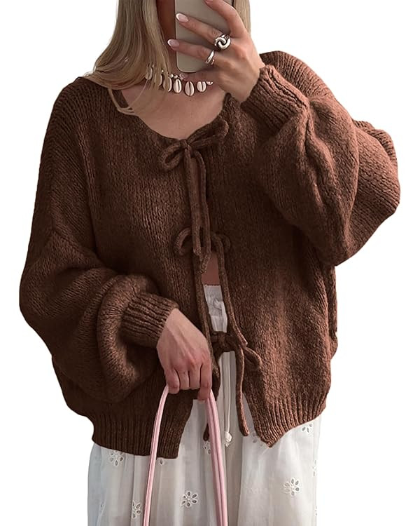 UNCLECAT Womens Bow Tie Front Cardigan Sweaters Oversized Fall Open Front Cardigans Cute Loose Kn... | Amazon (US)