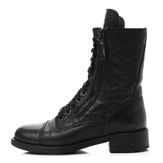 CHANEL Quilted Lace Up Combat Boots 36 Black | Fashionphile