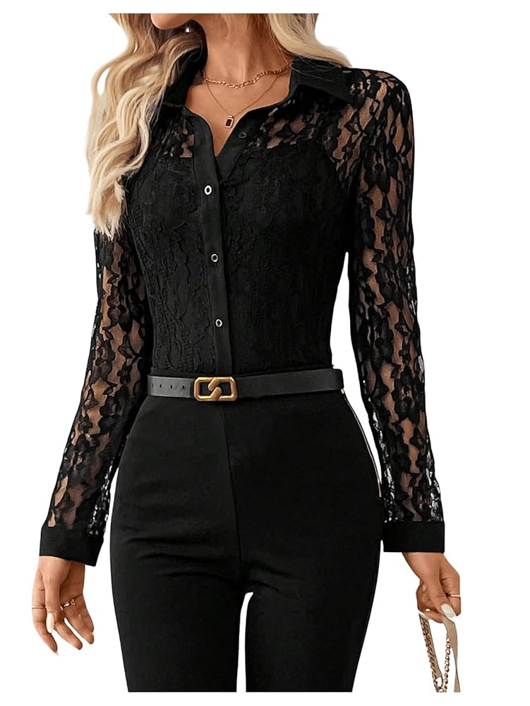 SOLY HUX Women's Lace Sheer Button Down Blouse Long Sleeve Collared Shirts Old Money Outfits | Amazon (US)