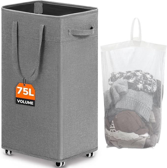 CHICVITA Laundry Basket with Wheels, 75L Slim Laundry Hamper with Removable Wash Bag for Bedroom,... | Amazon (US)
