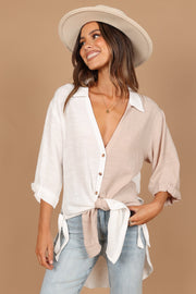 Zoe Button Down Top - Tan/White | Petal & Pup (US)