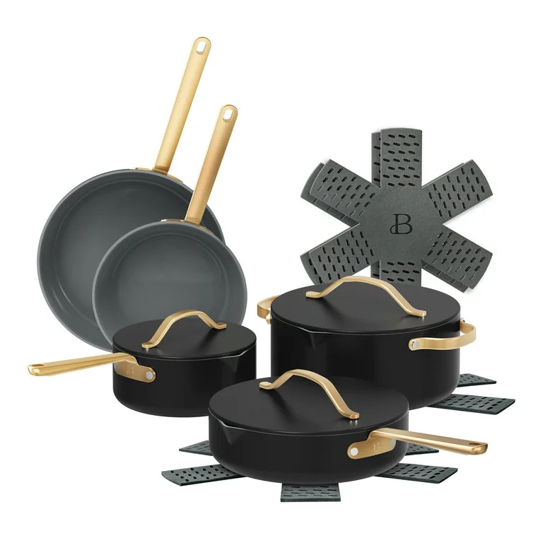 Beautiful 12pc Ceramic Non-Stick Cookware Set with Strainer Lids, Black Sesame by Drew Barrymore | Walmart (US)