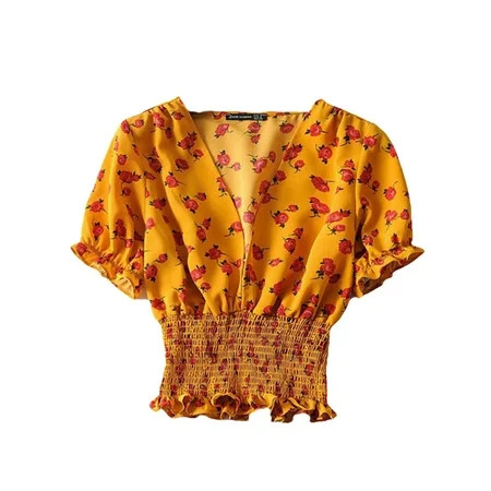 Aunavey Women's Floral Ruffle Hem Blouse Short Sleeve Deep V Neck Crop Top Shirt | Walmart (US)