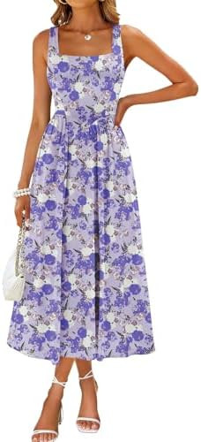 Sureple Midi Dresses for Women 2026 Spring Square Neck Tank Sleeveless A Line Casual Summer Sundr... | Amazon (US)