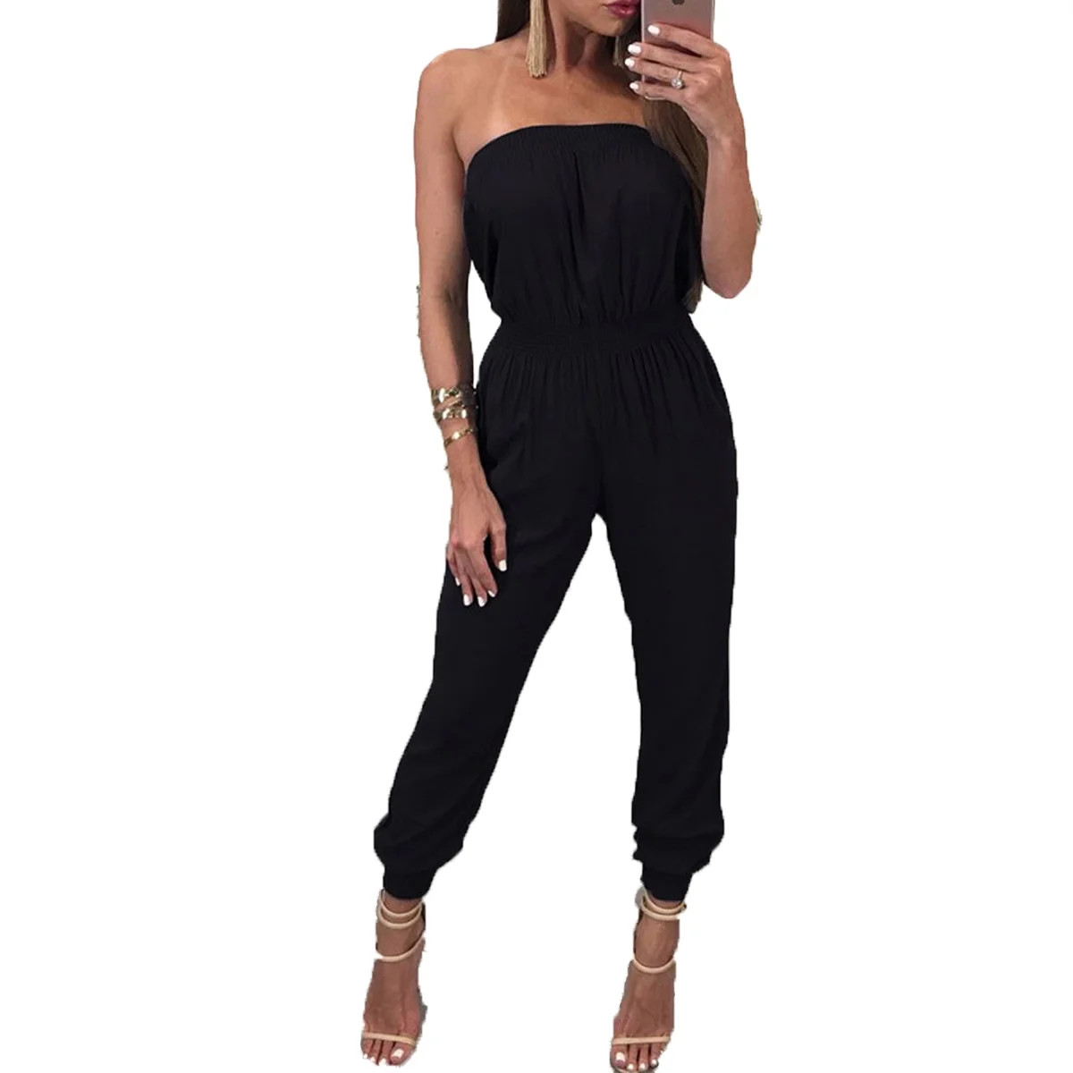 Women Summer Tube Top Strapless Slim Bodysuit Black Casual Party Jumpsuit | Walmart (US)