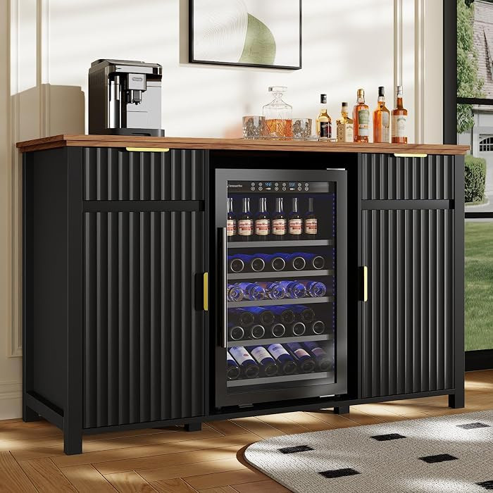 Coffee Bar with Mini Fridge Space & Charging Station, Modern Fluted Mini Fridge Cabinet, Large Ba... | Amazon (US)